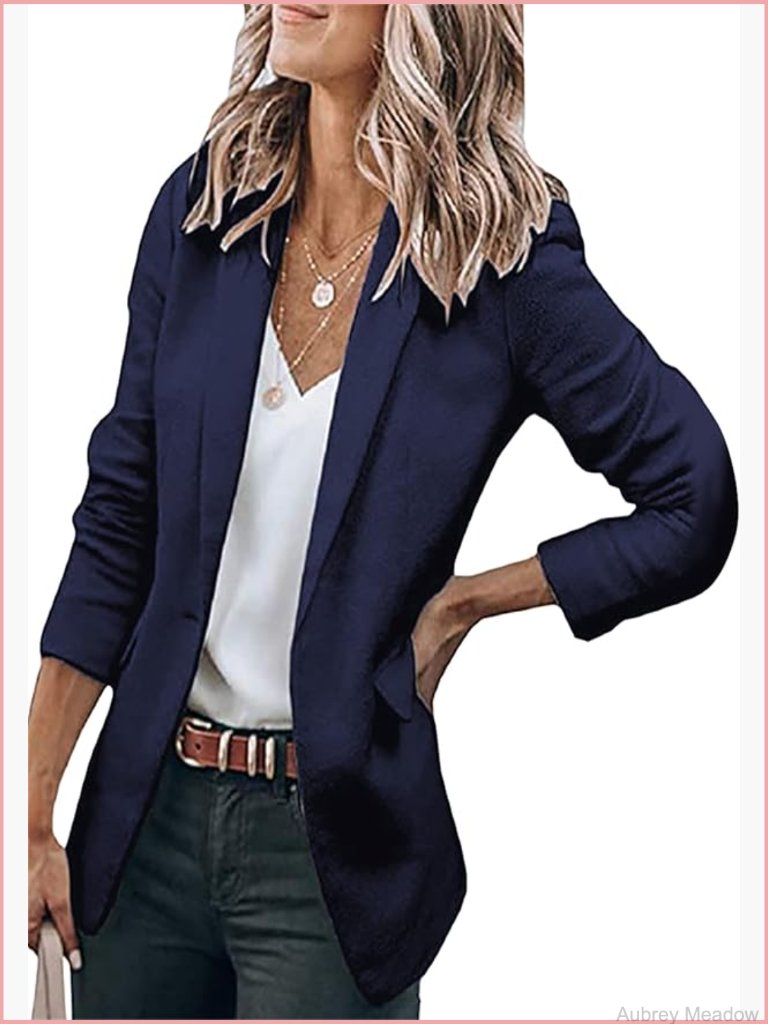 Long Sleeve Blazer One Button Solid Color Notched Collar Jacket Work Office